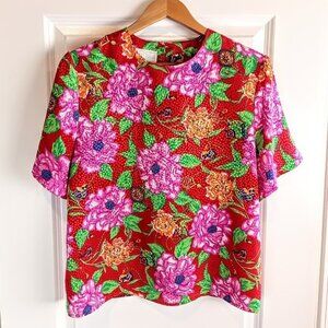 Vintage Anna Kriste Petite Red Floral Jacquard Short Sleeve Top